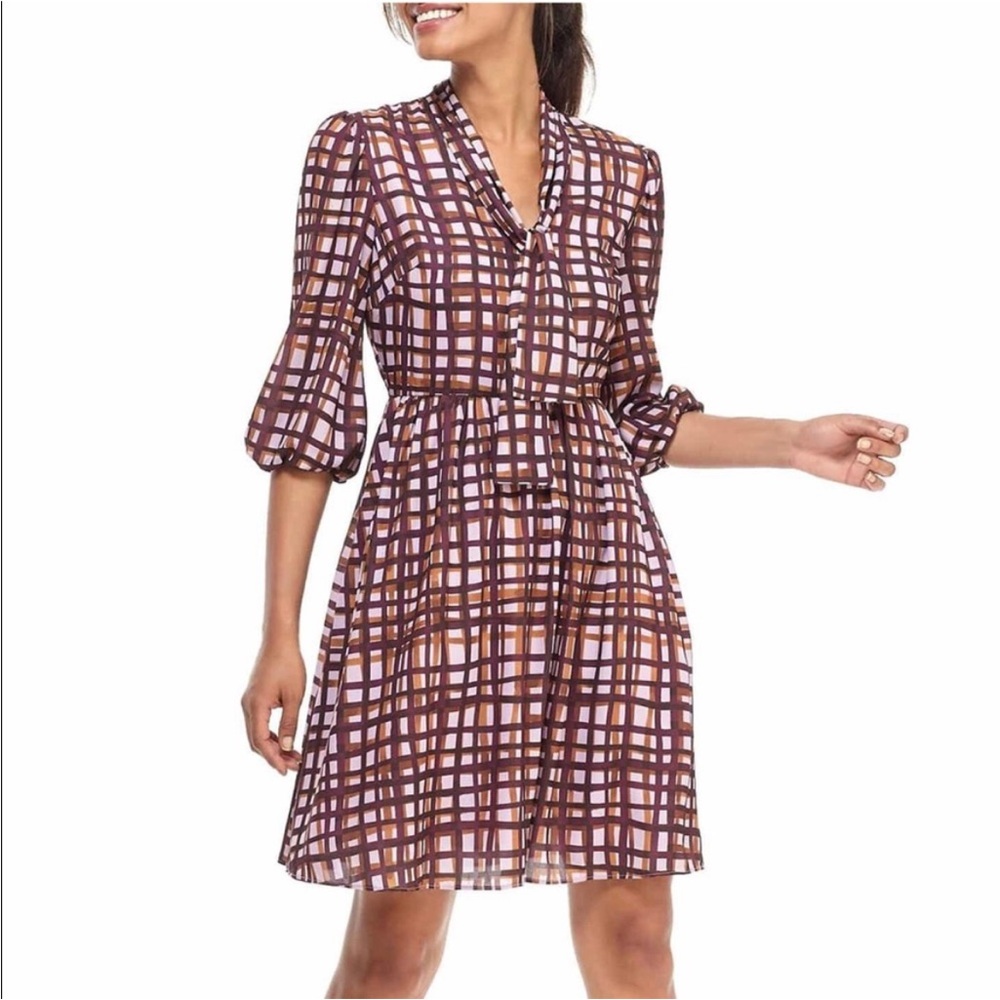 Gal Meets Glam Lindsey Windowpane tie neck dress